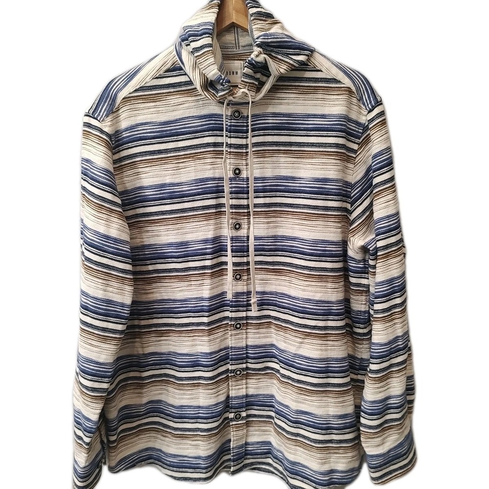 ROWM Men's Hooded Button Down Shirt XL Blue Brown Beige Striped 100% Cotton Baja